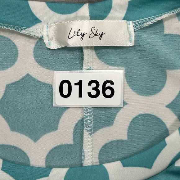 Lily Sky Dress Women's 3X Aqua Blue Midi Trellis Print Pockets 3/4 Bell Sleeves - Picture 12 of 12